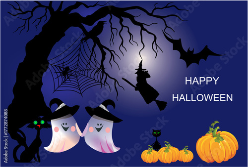 Halloween composition with pumpkins and ghosts