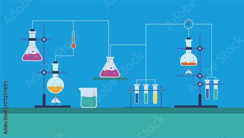 Modern science lab background featuring colorful flasks test tubes and chemical experiments on blue table perfect for education research chemistry and laboratory themed projects