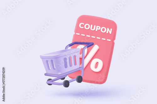 3d shopping bag for online shopping and digital marketing concept. Basket minimal icon with shadows on purple background. Shopping bag for buy, sale, discount, promotion. 3d vector icon illustration