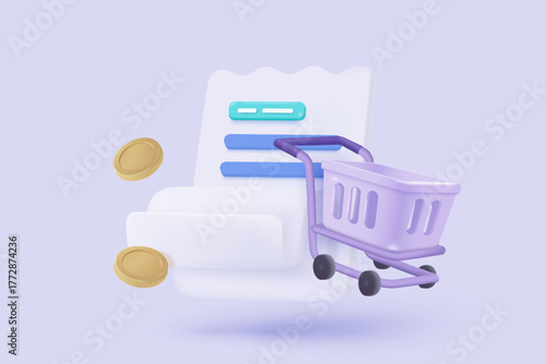 3D shopping cart with bill icon for payment transaction notice. paper receipt for shopping offer in store. Business invoice bill expenses idea concept. 3d invoice list icon vector render illustration