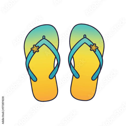 Colorful beach flip flops vector illustration in a flat 2D style, representing tropical summer vacation concepts and carefree leisure on a bright white background.