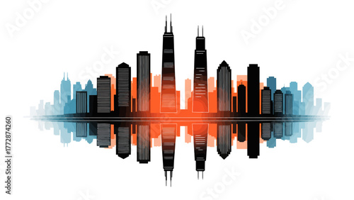 Cityscape Symmetry: A dynamic silhouette of a metropolis at dusk, featuring a mirrored reflection that amplifies its architectural grandeur and urban energy.