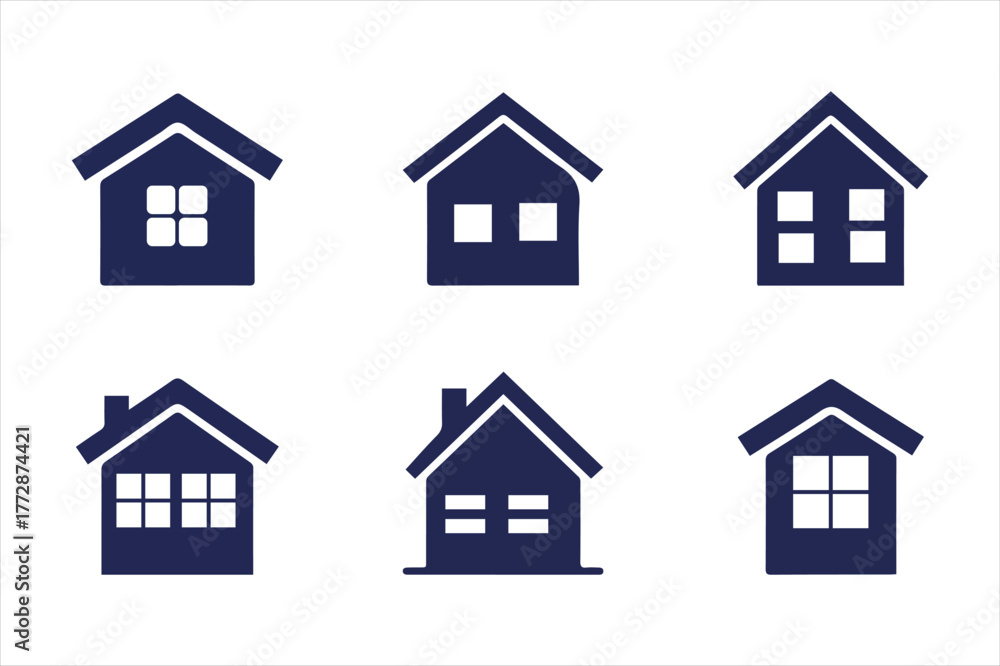 Fototapeta premium Collection of six simple dark blue house icons with different window designs for real estate