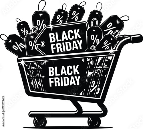 Don't miss the Black Friday deals with shopping cart full of bargains and discounts on white high-quality editable EPS vector file