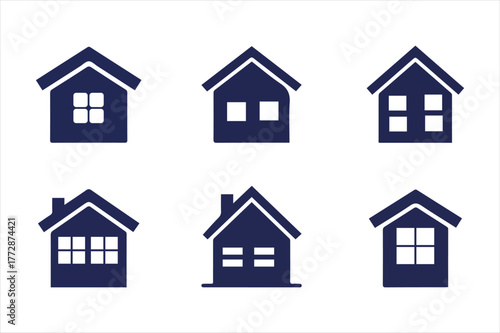 Collection of six simple dark blue house icons with different window designs for real estate