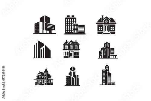 Modern and classic building icons collection Real estate architecture silhouette set
