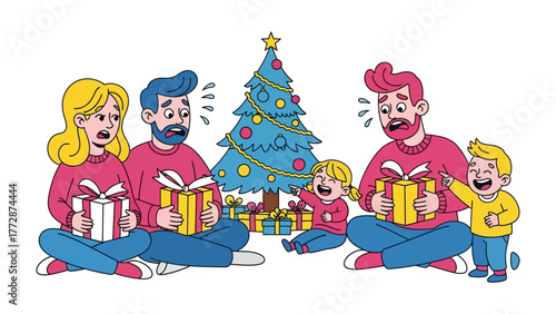 Christmas Gift Excitement: Illustration of families joyfully gathered, centered around a decorated tree, and opening gifts, capturing the festive cheer and spirit of togetherness.