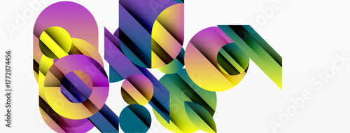 Abstract geometric shapes overlap, creating vibrant colorful design. Gradient hues blend smoothly, forming dynamic composition.