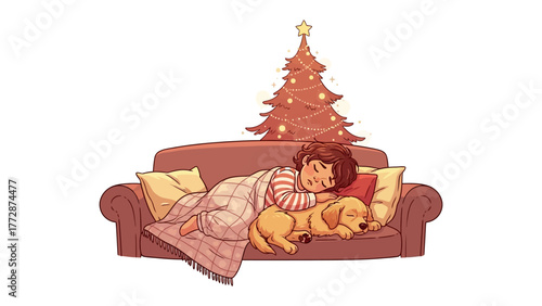 Cozy Christmas Nap: A serene scene unfolds, as a person and their loyal canine companion slumber peacefully on a sofa, warmed by a blanket, with a festive christmas tree glowing nearby.