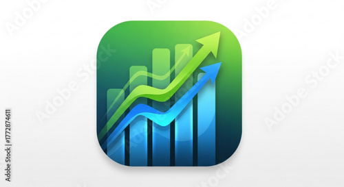 A green and blue icon with a bar graph and two arrows pointing up