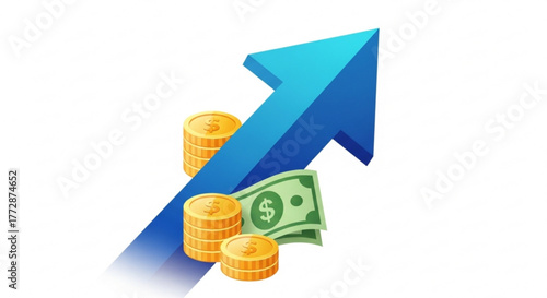 The upward trending arrow with money and coins symbolizes financial growth, indicating investment success and increasing wealth