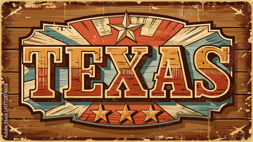Very beautiful aged and worn wooden sign featuring “Texas,” with rustic textures, faded paint, and natural weathering, evoking vintage charm and classic Americana style.