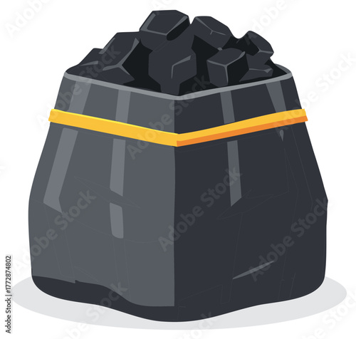 Bag full of black coal chunks tied with a yellow band illustration