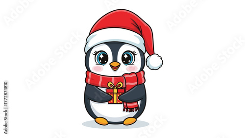 Festive Penguin: An adorable penguin, clad in a Santa hat and a cozy scarf, clutches a neatly wrapped gift, embodying the spirit of celebration and cheer. 