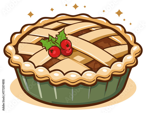 Festive holiday lattice pie illustration with holly berry garnish dessert baking treat celebration food graphic design