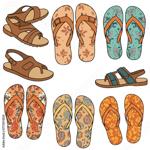 Colorful flat 2D vector illustration featuring multiple pairs of patterned summer sandals and open-toe flip flops isolated on a clean white background, perfect for warm weather concepts.