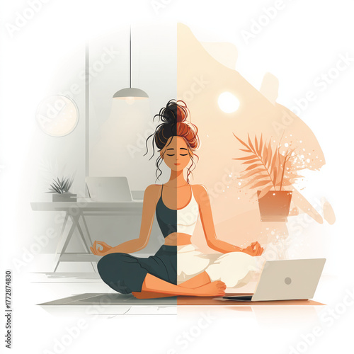 Flat vector of woman meditating on yoga mat beside laptop, symbolizing balance between work and relaxation, mindfulness, and healthy lifestyle. Vector illustration