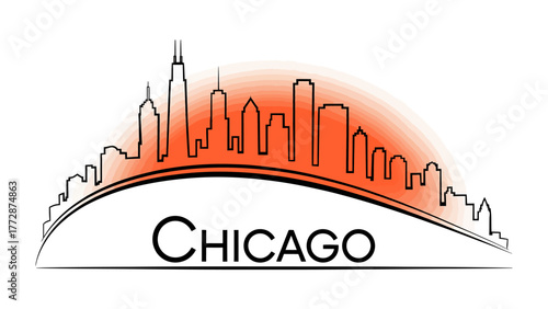 Chicago Cityscape Illustration: A graphic depiction of the Chicago skyline, featuring its iconic silhouettes set against a vibrant backdrop, embodies the spirit of urban architecture. 