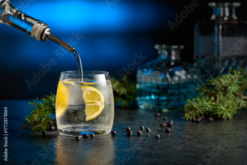 Fényképezés Gin is poured from a bottle into a glass with ice and lemon slice