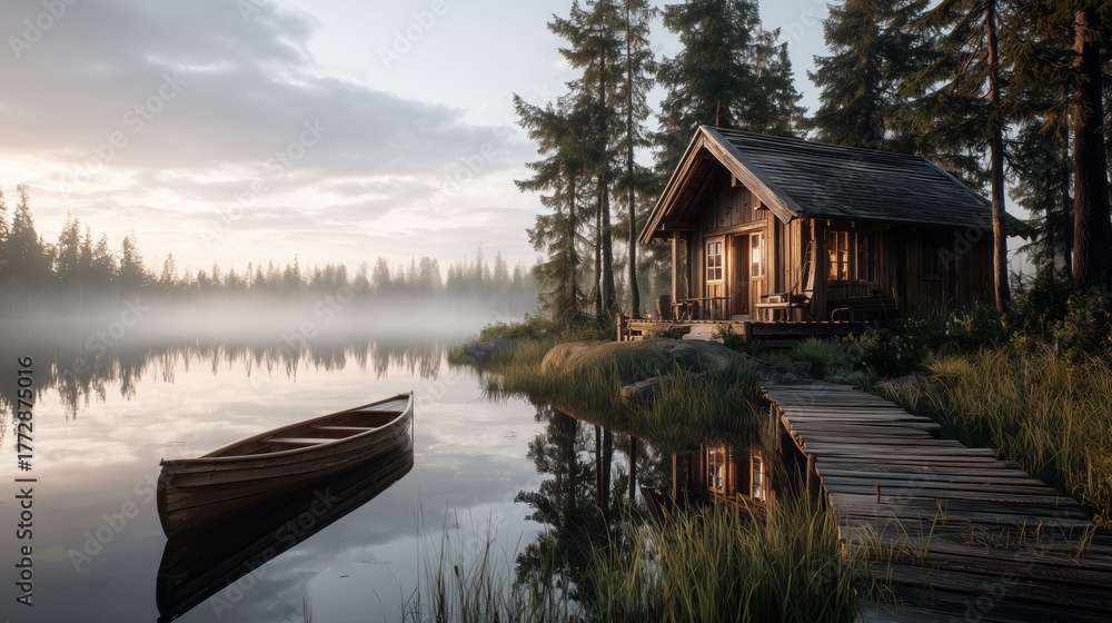 Fototapeta premium Scenic cabin by calm lake with boat at sunrise amidst tranquil forest scenery