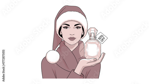 Holiday Fragrance: An elegant individual, adorned in festive attire, presents a luxurious perfume bottle, creating a sense of seasonal gifting and personal indulgence.