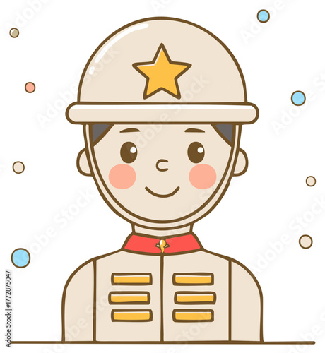 Cheerful young person in a stylized uniform and star emblem helmet flat illustration graphic