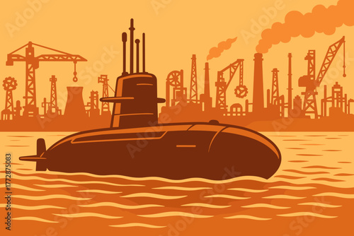 Submarine silhouette in an industrial landscape with a warm orange color scheme