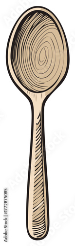 Hand drawn illustration of a single wooden spoon with wood grain detail and black outline