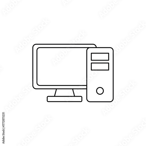 Computer outline icon. Can be used for any platform action promotion and advertising mockup. Isolated symbol sign used for: mobile, app, design, web, dev, ui, ux, gui. EPS 10. For your project