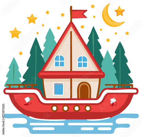Whimsical Floating House on a Red Ship Deck Amidst Pine Trees Under a Starry Night Sky
