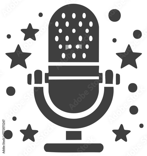 Vintage microphone surrounded by stars and dots, symbolizing performance and music