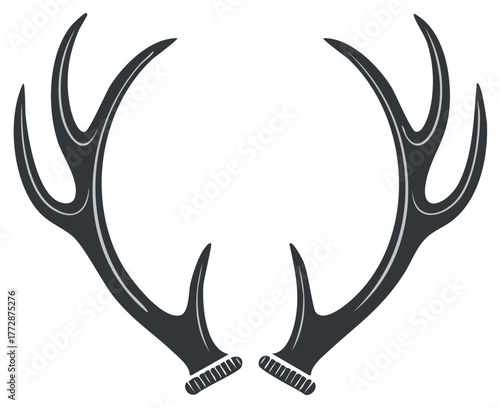 Antler Pair Design: Black deer horns on white background; hunting symbol, rustic decor, buck silhouette, deer antlers vector clip art