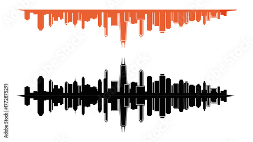 Urban Echoes: A symmetrical design features the silhouette of an urban skyline, duplicated and inverted, creating a striking visual.