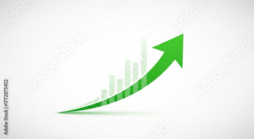 Green arrow pointing upwards with bar chart, symbolizing financial growth, investment success, and positive market trends