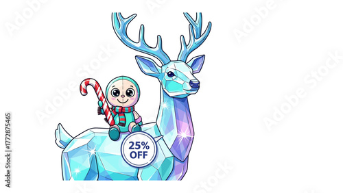 Whimsical Winter Wonderland: A festive scene unfolds, with a cheerful character seated atop a crystalline deer, adorned with festive details and a cheerful holiday promotion.