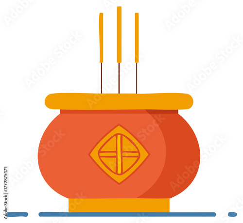 Red and gold traditional incense pot with joss sticks, a symbol of Asian spirituality and festivity