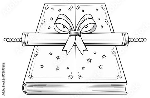 Hand drawn illustration of a magic book of spells with a diploma scroll and ribbon bow