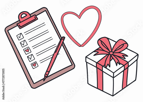Planning meaningful moments: Checklist, heart frame, and gift box signifying love, organization, and special occasions