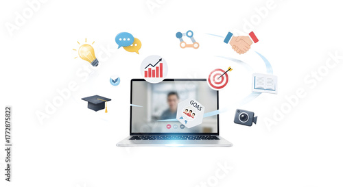 Laptop with floating education icons — perfect for e-learning, online courses, or digital training concepts