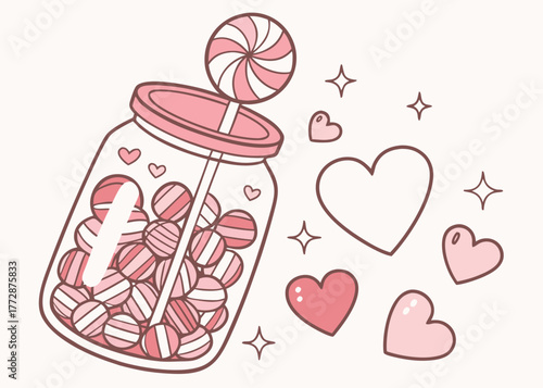 Whimsical jar filled with sweet candy and hearts, perfect for fun designs