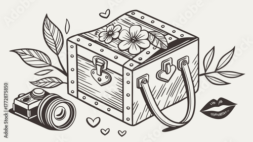 Whimsical treasure chest overflowing with floral beauty next to vintage camera and romantic lips, perfect for adventure and discovery themes