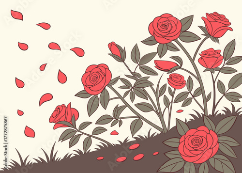 Vibrant coral roses bloom and scatter delicate petals creating a romantic garden scene perfect for spring and summer themes