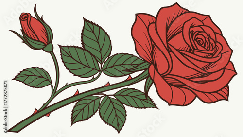 Elegant red rose with a bud and vibrant green leaves, symbolizing love and beauty for any occasion