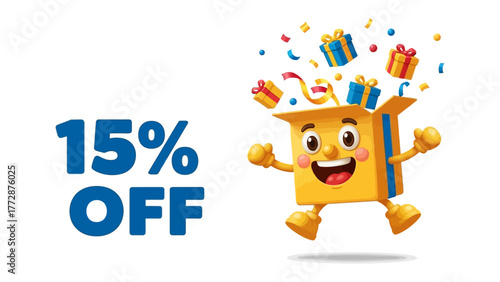Deals & Delights: A cheerful character box gleefully springs to life, adorned with gift boxes, confetti, and an enticing 15% OFF banner, perfect for conveying excitement for savings and specials.