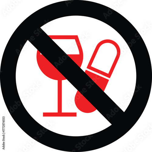 No Alcohol and Drug Use Vector Icon with Red Pill, Wine Glass and Black Prohibition Circle for Health Safety and Substance Warning.