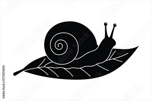 Whimsical black silhouette of a snail crawling on a textured leaf