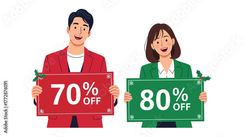 Discount Duo: A duo, each holding a vibrant sign showcasing a percentage discount, highlighting the message of savings. 