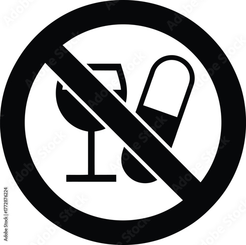 No Alcohol and Drug Use Vector Icon with Pill, Wine Glass and Black Prohibition Circle for Health Safety and Substance Control.