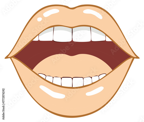 Open mouth with glossy lips and white teeth in cartoon style, dental health concept