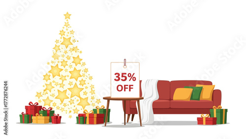 Festive Savings: A cozy holiday scene, where a Christmas tree made of stars casts its festive glow. A charming setting showcases the essence of holiday offers with a 35% discount offer.